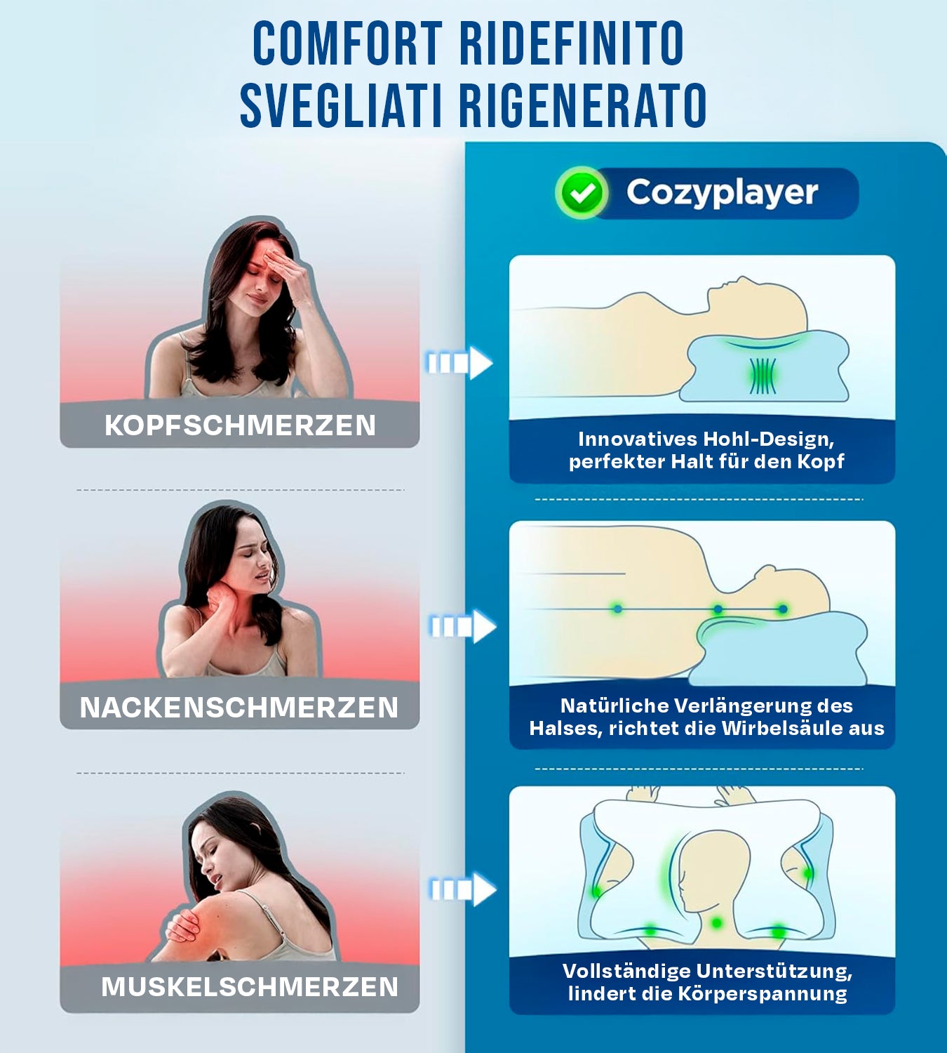 Ultraberuhigendes Kühlkissen zur Schmerzlinderung, mit verstellbarer Halsstütze, ergonomischem Design aus geruchlosem Memory Foam, ideal zum Schlafen auf der Seite, dem Rücken und dem Bauch.