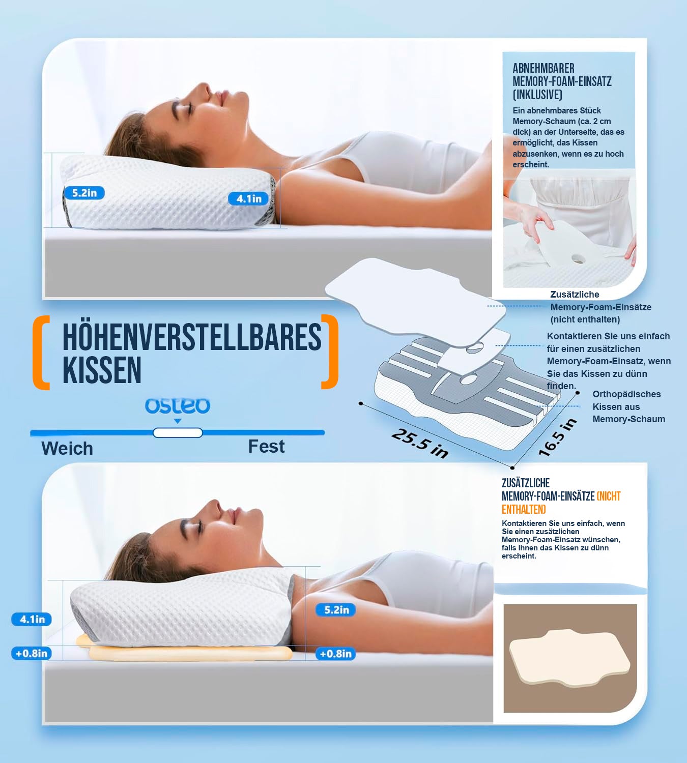 Ultraberuhigendes Kühlkissen zur Schmerzlinderung, mit verstellbarer Halsstütze, ergonomischem Design aus geruchlosem Memory Foam, ideal zum Schlafen auf der Seite, dem Rücken und dem Bauch.